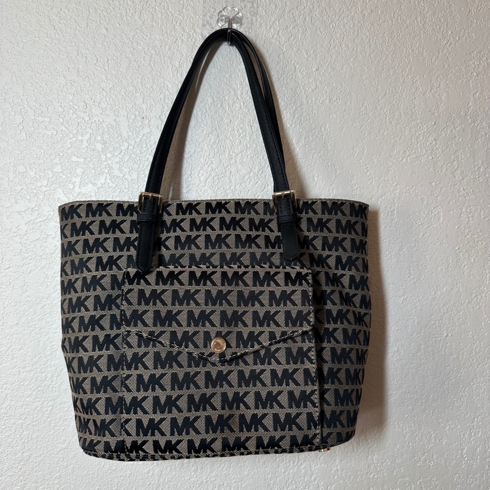 Michael Kors‎ MK Logo Print Tote Bag Purse Shoulder Bag Pocket Tan Black